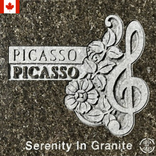 Picasso album cover with floral treble clef and the title “Serenity In Granite” on a stone-textured background