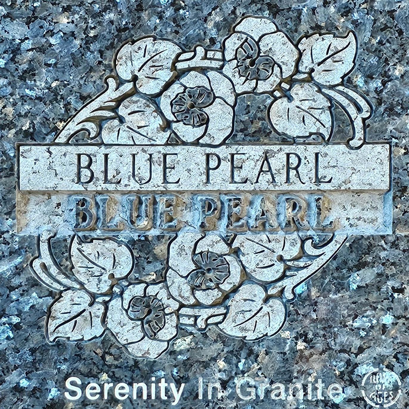 Blue Pearl engraved stone plaque with floral design on speckled granite background