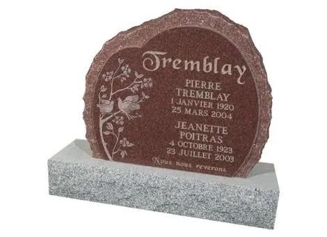 Brown granite gravestone with engraved names on a gray base, shown on a white background