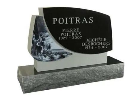 Black and gray granite memorial headstone with engraved names and dates on a rectangular base