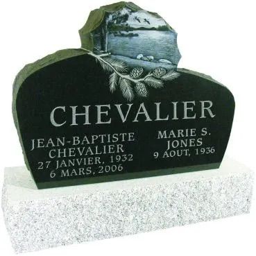 Black granite gravestone with surname CHEVALIER and inset scenic plaque, with names and dates engraved.