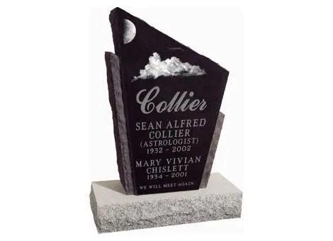 Collier monolith-shaped memorial plaque on a stone base with engraved text and a small white cloud motif