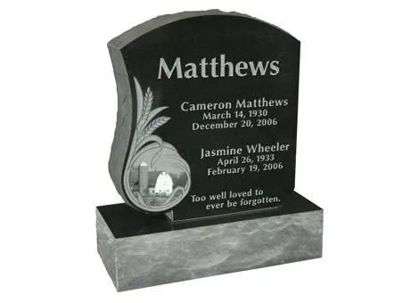 Black granite memorial headstone with engraved names, dates, and a small circular photo inset