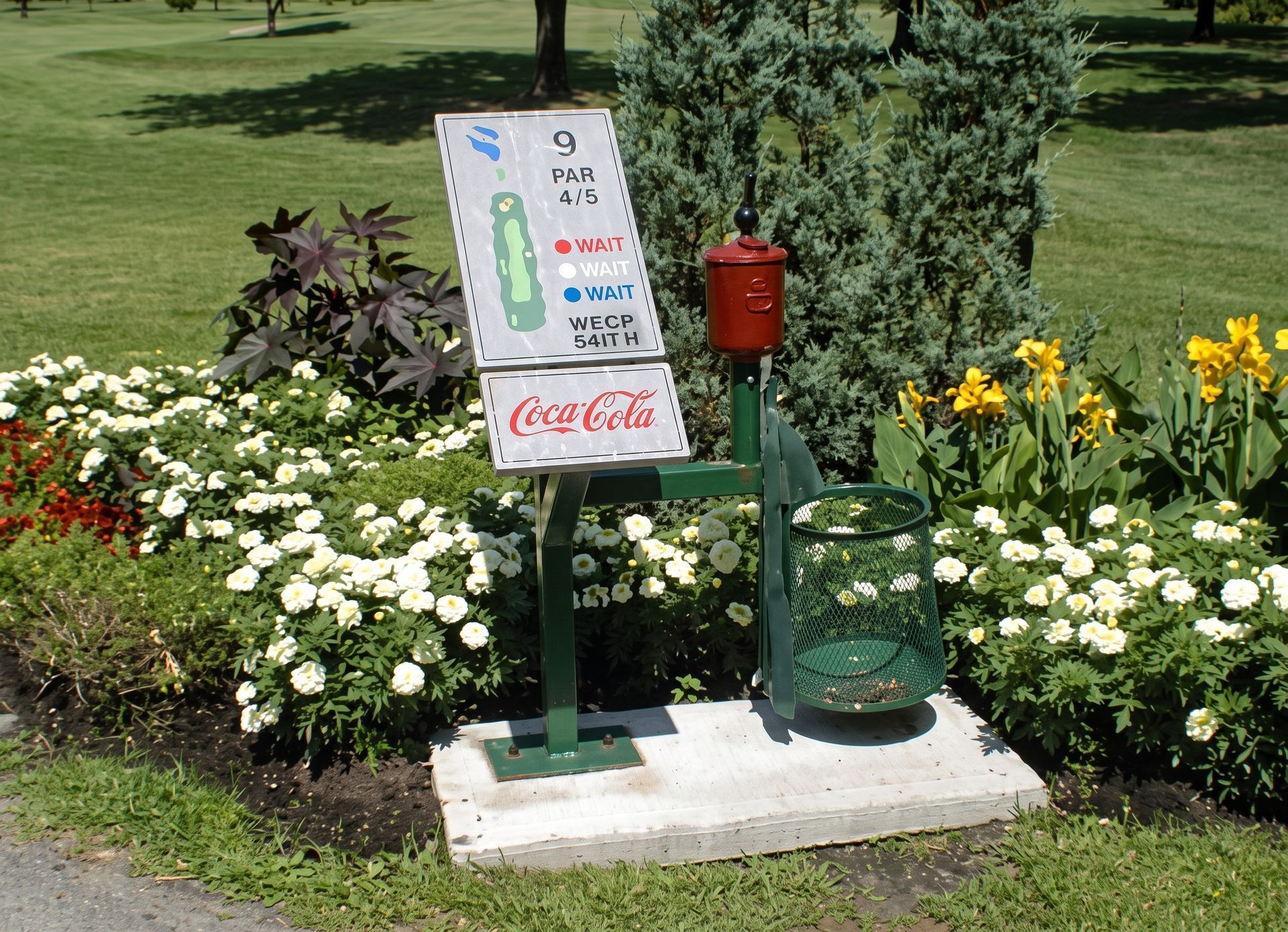 Coca-Cola vintage water fountain sign beside a green hand pump in a flower garden