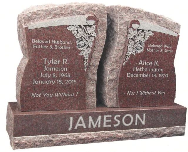Two upright pink granite memorial stones with names and dates on a base engraved “JAMESON”