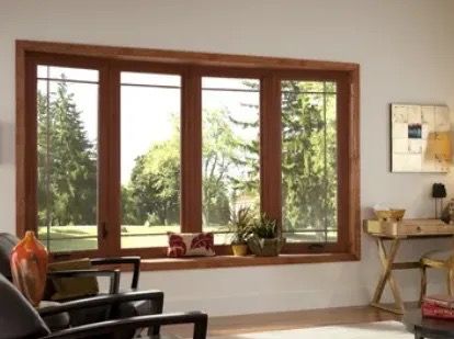 A bow window with plants and a pillow