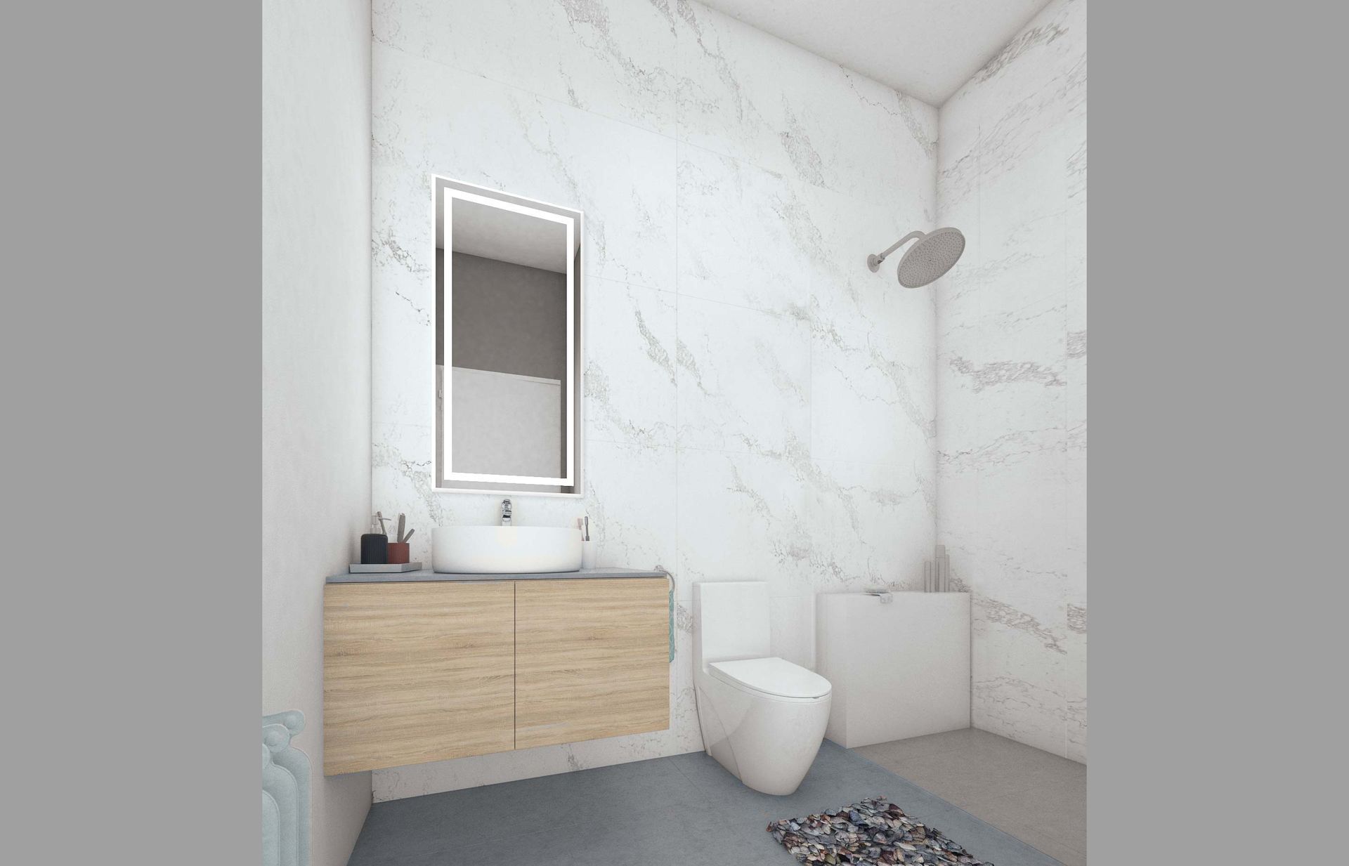 A bathroom with a toilet , sink , mirror and shower.
