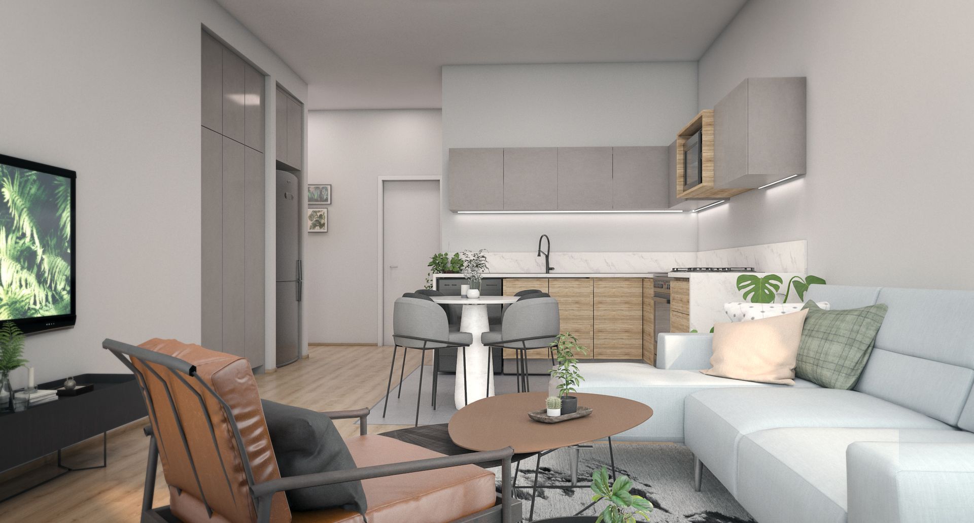 A living room with a couch , chair , table and television.