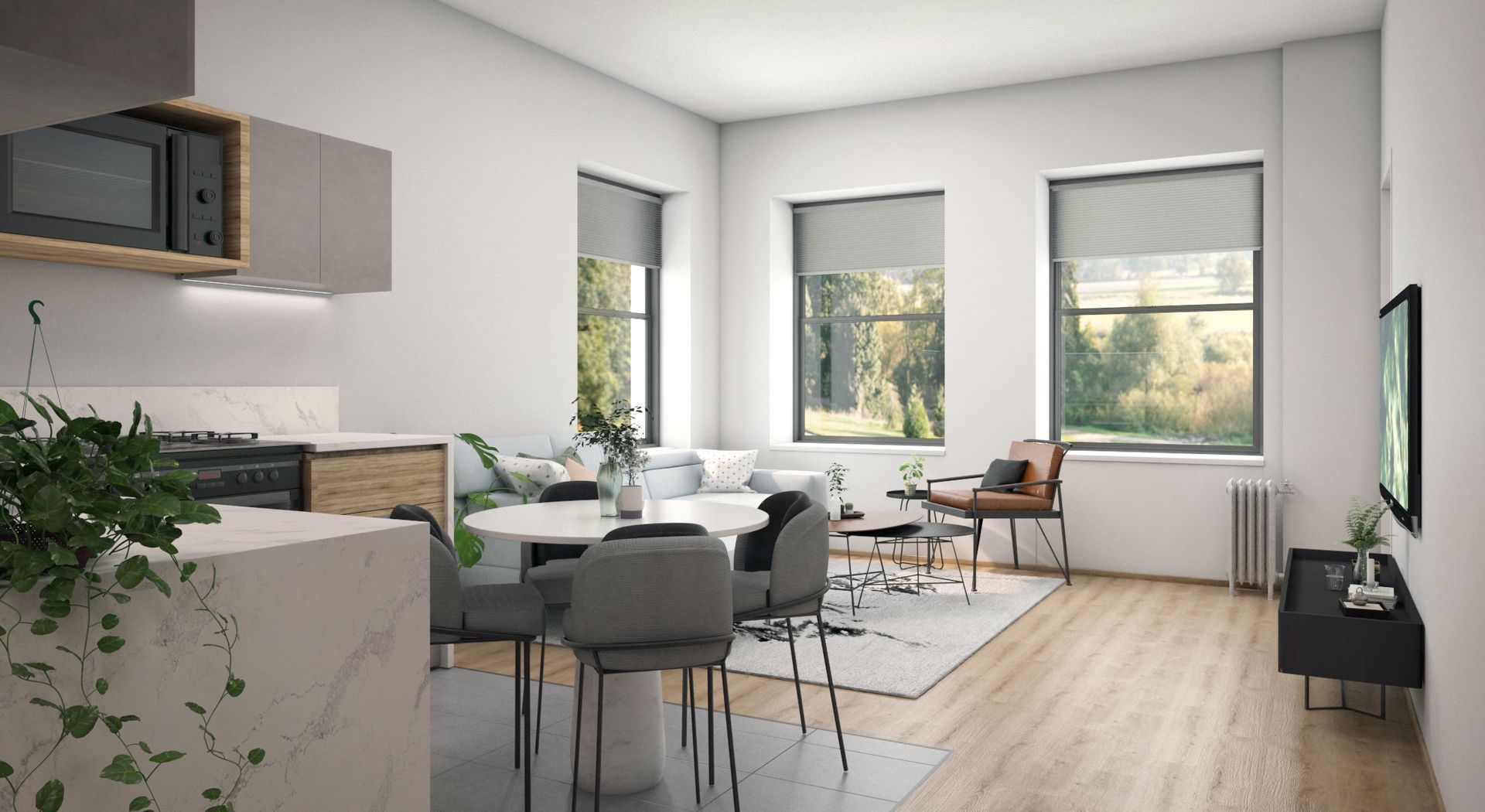 An artist 's impression of a living room and kitchen.