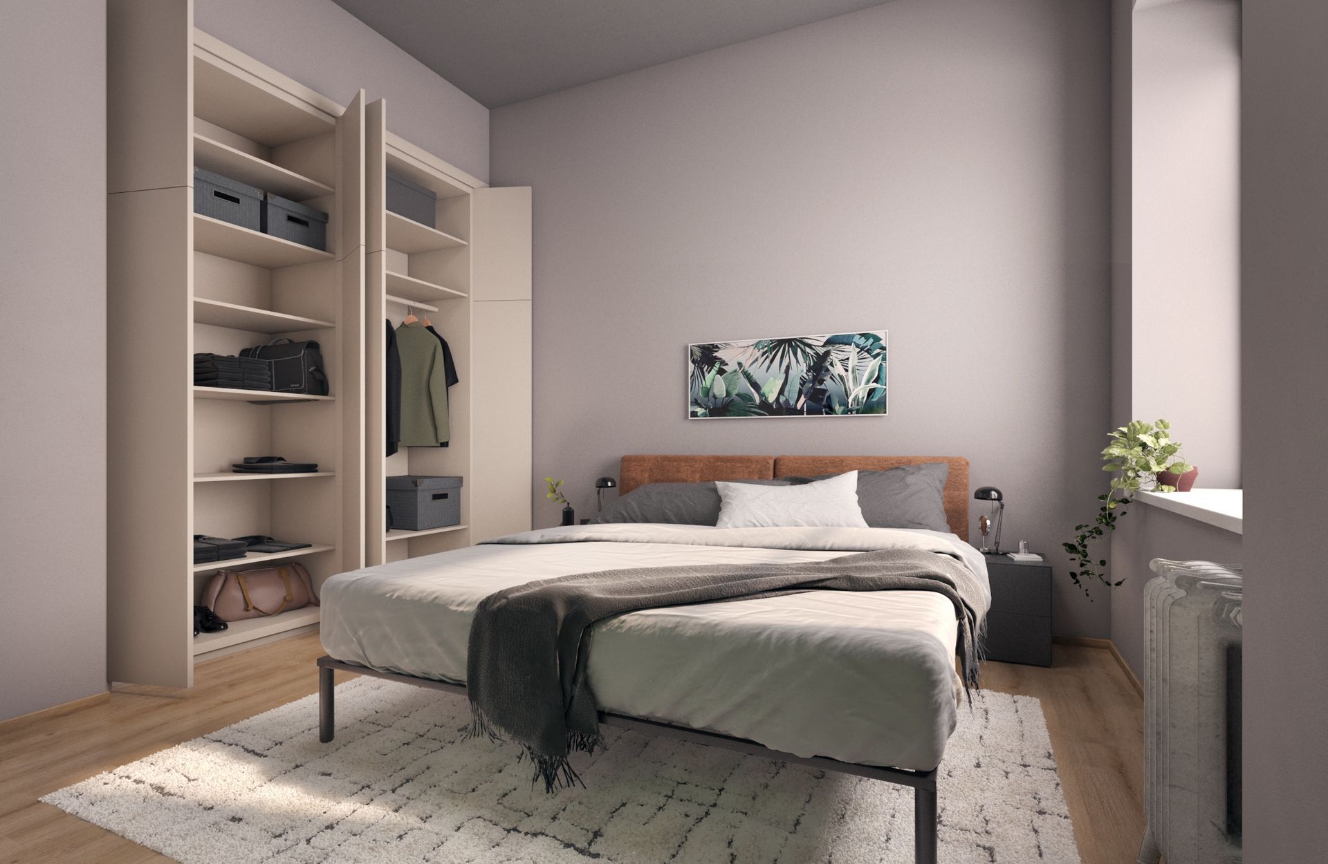 A bedroom with a bed , wardrobe , and rug.