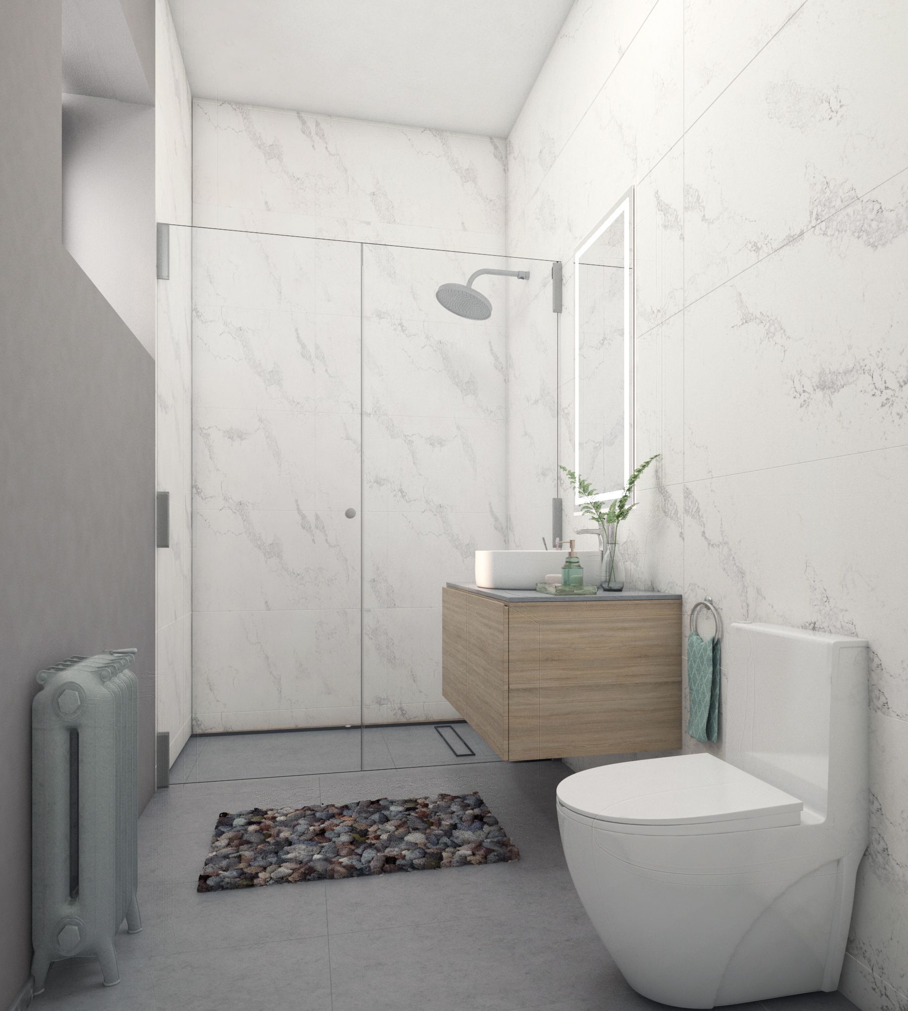 A bathroom with a toilet , sink and shower.