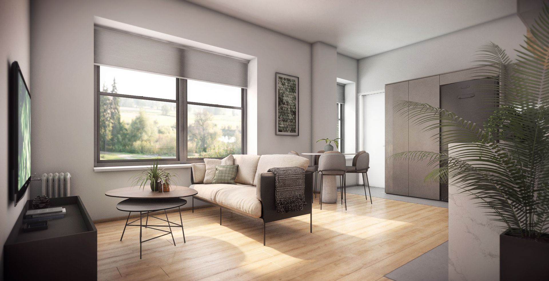 An artist 's impression of a living room with a couch and a television.