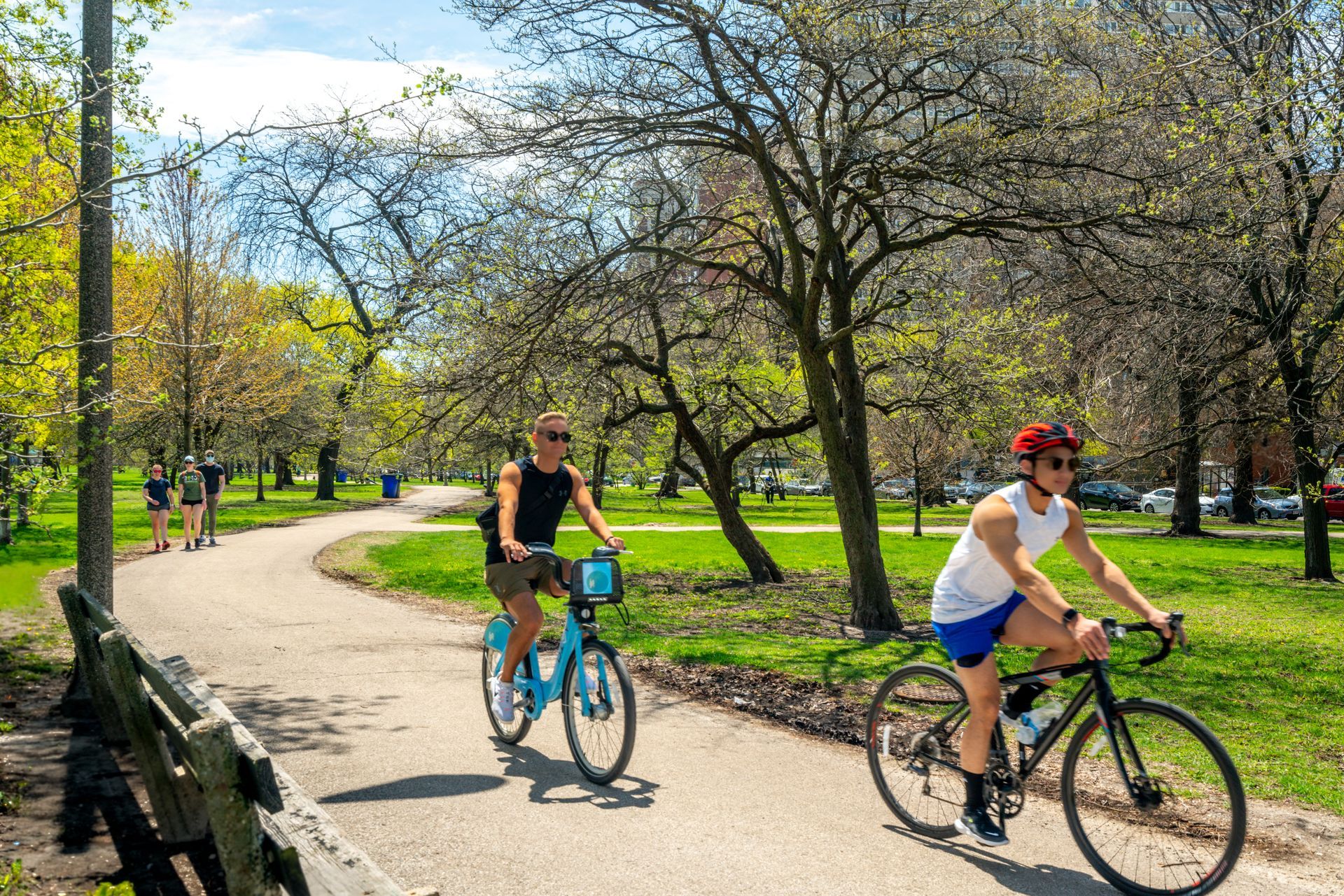 Two people are riding bicycles down a path in a park.