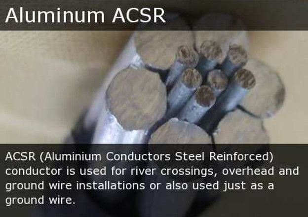 Aluminum ACSR cable cross-section with steel core and aluminum strands on a gray background