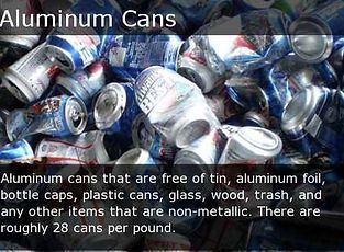 Piled crushed aluminum cans with white text overlay about recycling and scrap value