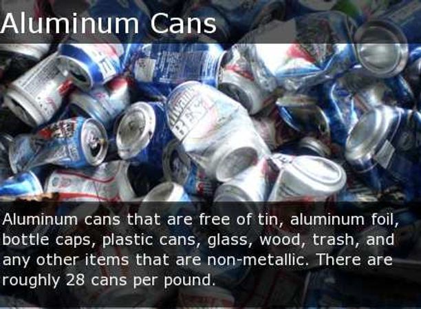 Piled crushed aluminum cans with overlaid text about recycling and 28 cans per pound