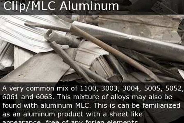 Stacked aluminum scrap rods and sheets labeled “Clip/MLC Aluminum” with descriptive text overlay.