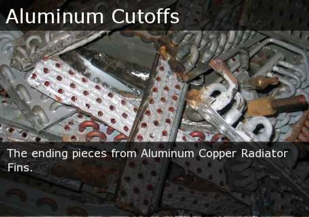 Scrap aluminum cutoffs with holes and foil, labeled as ending pieces from aluminum copper radiator fins