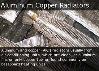 Aluminum and copper radiator fins and tubing close-up, labeled “Aluminum Copper Radiators”