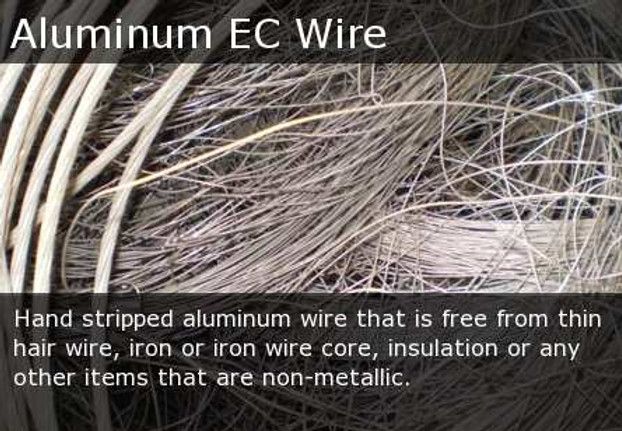 Pile of bare aluminum wire strands labeled “Aluminum EC Wire”