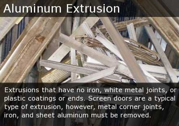 Pile of mixed aluminum extrusion scrap with text about removing non-aluminum parts.