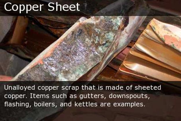 Copper sheet scrap with tarnished brown and green patina, labeled as unalloyed copper.