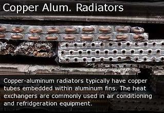 Stacked copper-aluminum radiator coils with copper tubes and aluminum fins, shown in a technical close-up.