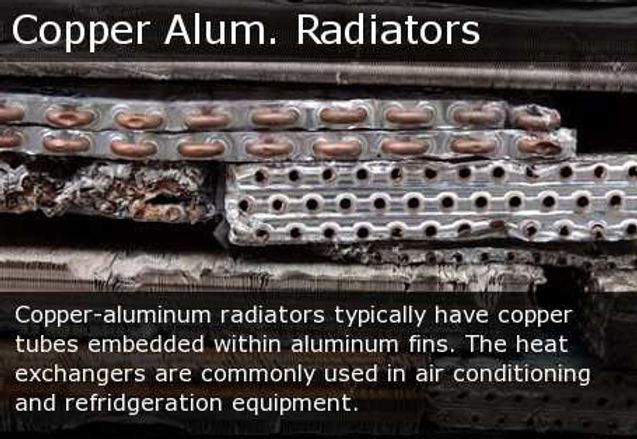Copper-aluminum radiators with copper tubes embedded in aluminum fins, shown in a cross-section layout.