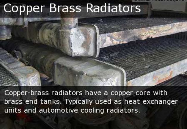 Close-up of copper-brass radiator core and tanks with “Copper Brass Radiators” text overlay.