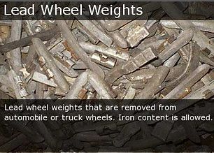 Pile of lead wheel weights on a rough surface, labeled “Lead Wheel Weights” with safety note about iron content.