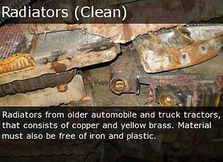 Rusty metal radiator scrap labeled “Radiators (Clean)” with copper and brass parts visible