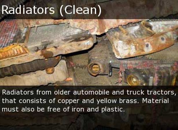 Rusty radiator scrap labeled “Radiators (Clean)” with metal parts and a note about copper and brass.