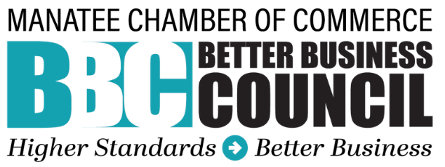 Manatee Chamber of Commerce Better Business Council 2020 Proud Member logo, teal, black, and white