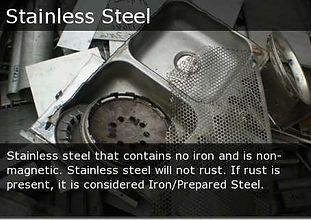 Stainless steel items and text explaining stainless steel is nonmagnetic and rust-resistant