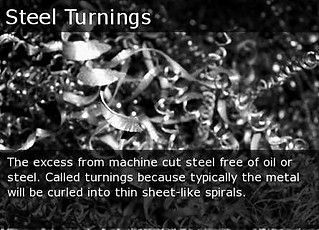 Close-up of shiny steel turnings and curled metal shavings with “Steel Turnings” text overlay.