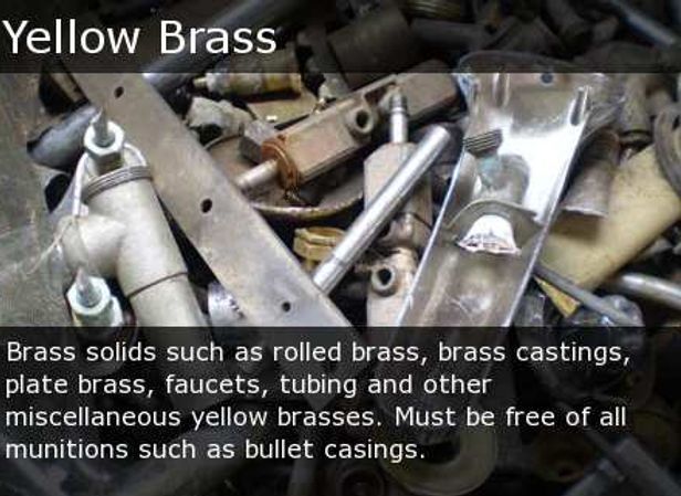 Scrap pile of yellow brass parts and fittings, with a caption about brass solids and castings