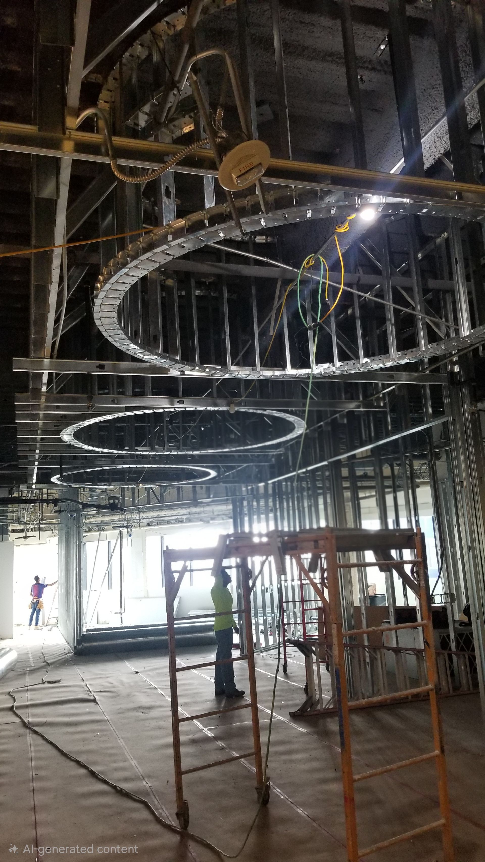 Partially built interior with metal scaffolding and a large circular ceiling structure in a dim construction site