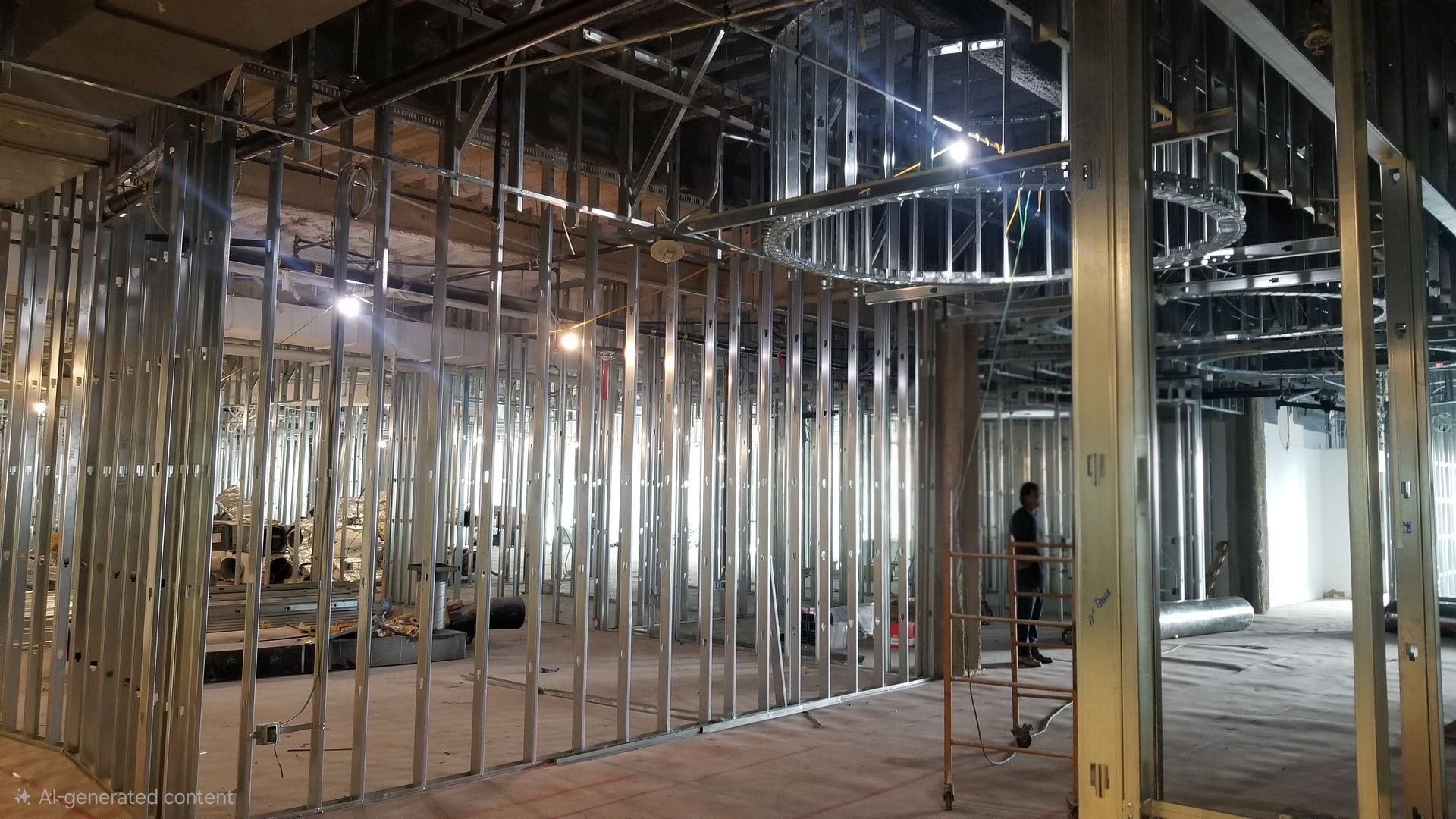 Interior construction site with exposed framing, hanging insulation, and ductwork under installation