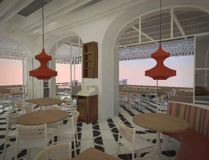 Bright café interior with red pendant lamps, round tables, striped seating, and a checkered floor overlooking the sea