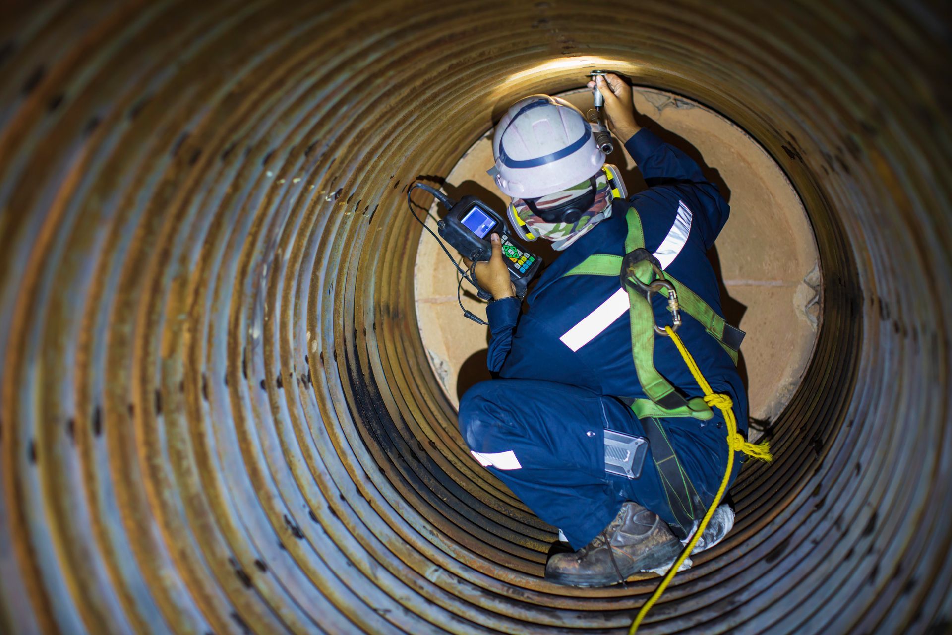 A technician wearing safety gear and a harness uses an ultrasonic testing device to inspect a large, circular metal pipe.