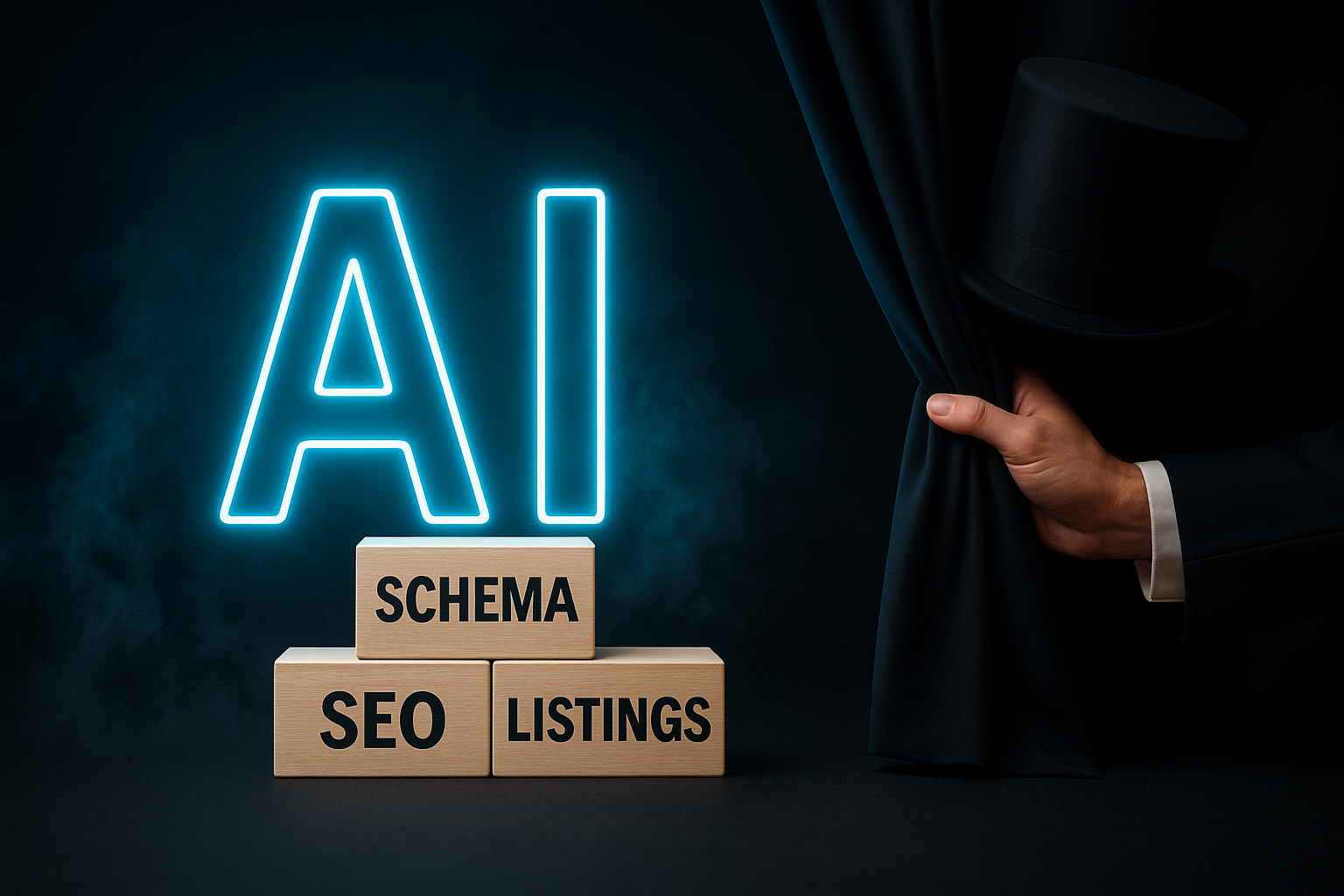 AI revealed. A hand pulls back a curtain to expose neon
