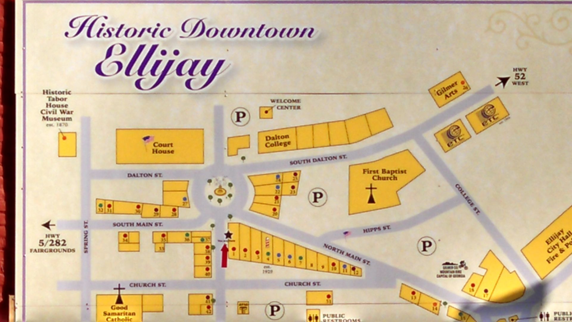 Map of Historic Downtown Ellijay, Georgia, with buildings, parking locations, and main roads highlighted.