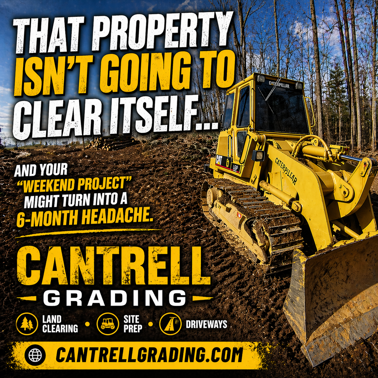 Bulldozer clearing rocky land with Cantrell Grading ad text in bold yellow and white