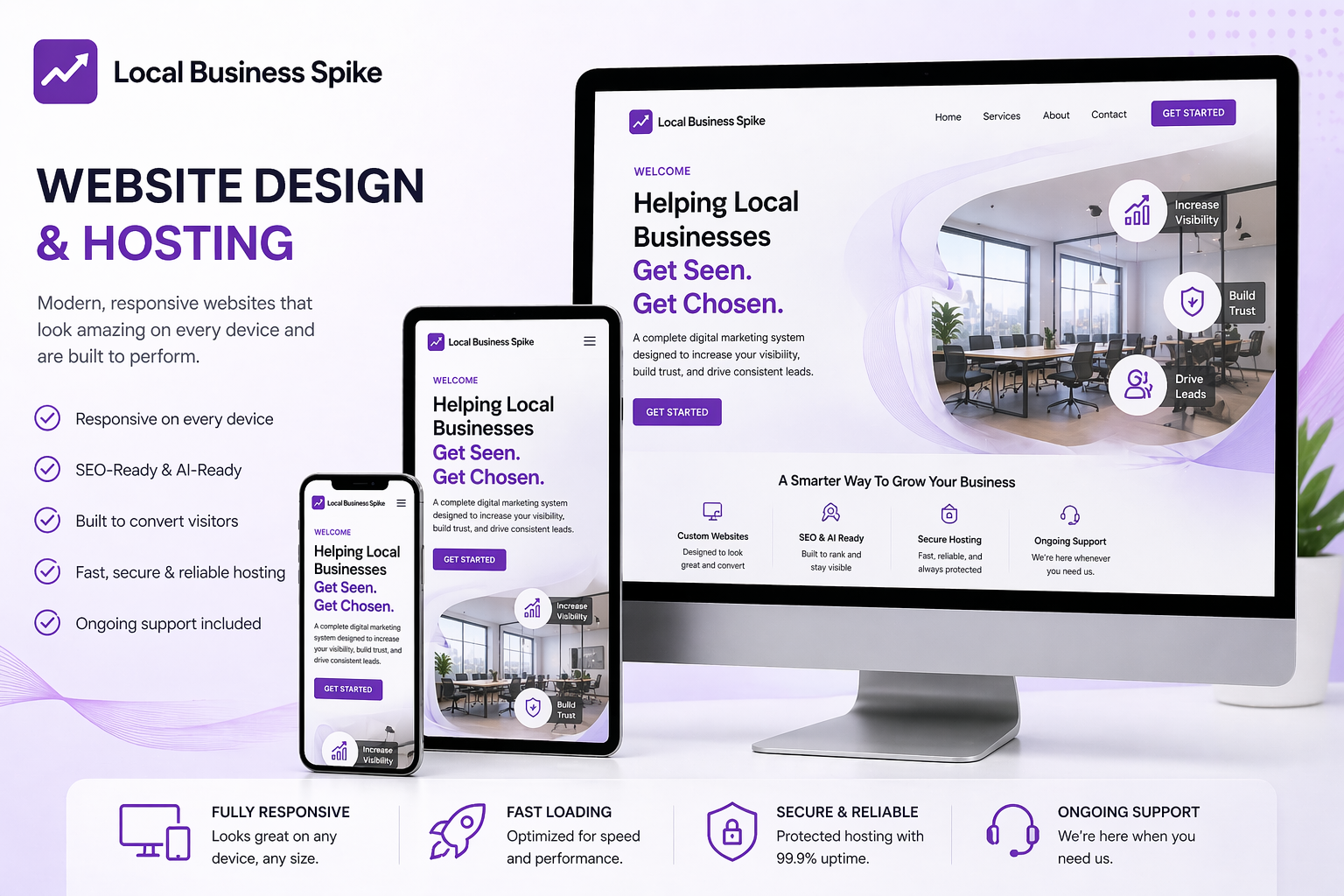 Website design and hosting landing page on desktop, tablet, and phone with purple accents