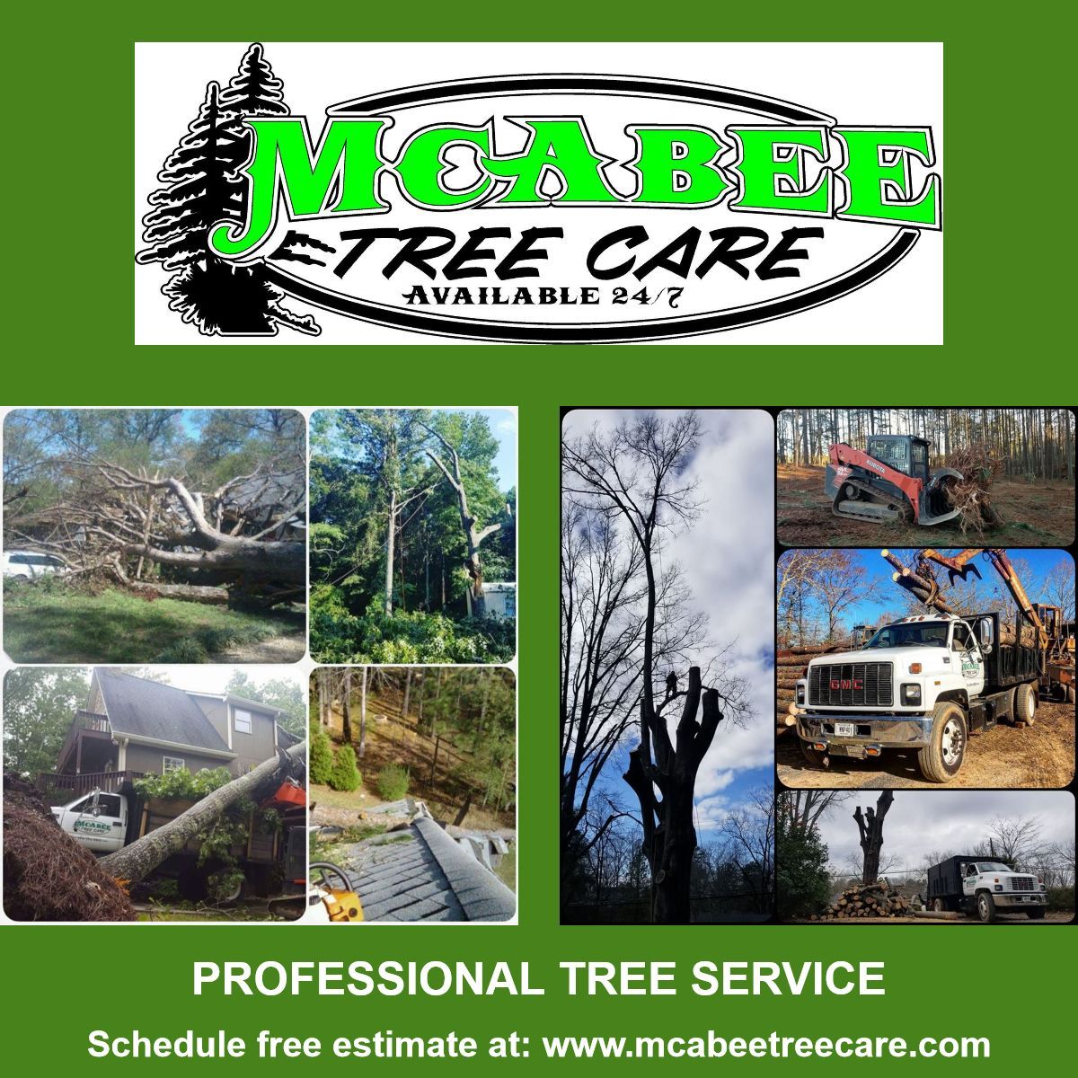 An advertisement for mccabee tree care shows a collage of pictures