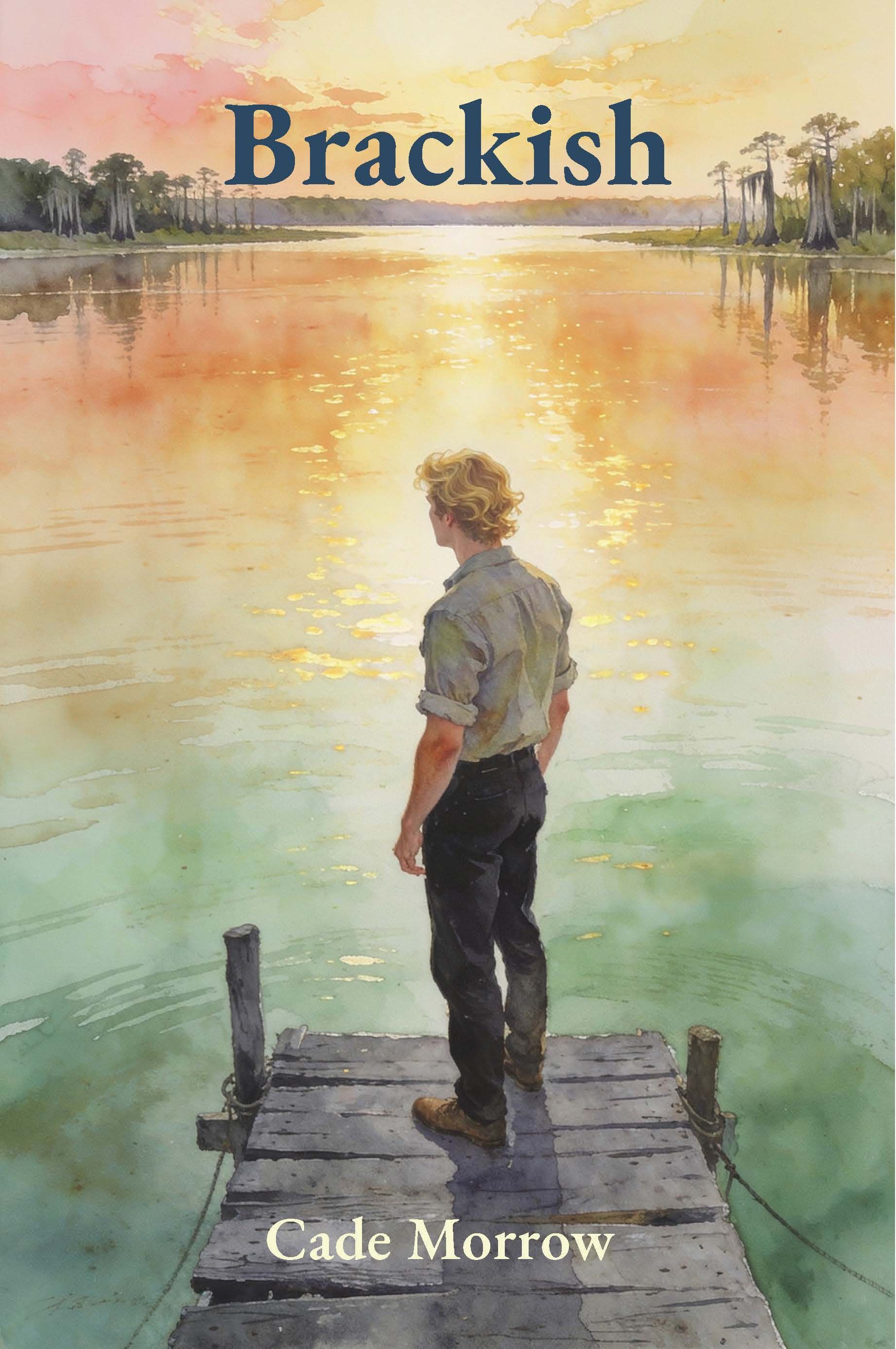 Person standing on a dockon a waterway during sunset, “Brackish” by Cade Morrow.