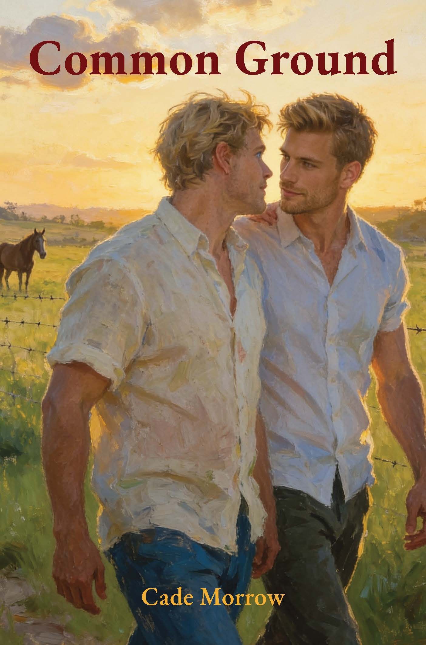 Two men in white shirts walking in a sunny rural field at sunset,