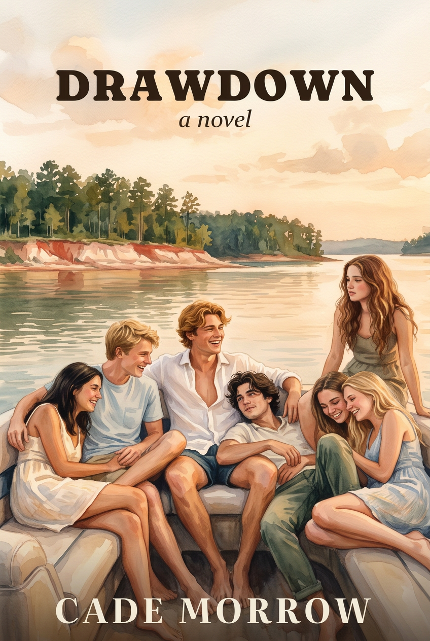 Front cover of Drawdown, a standalone young adult novel by Cade Morrow, showing ten friends together on a pontoon boat on Lake Martin, Alabama