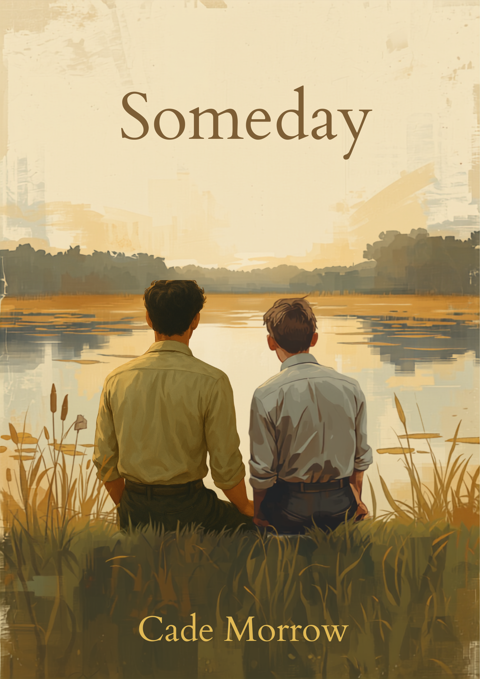 Two boys sit by calm water at sunset  - “Someday” a novel by Cade Morrow