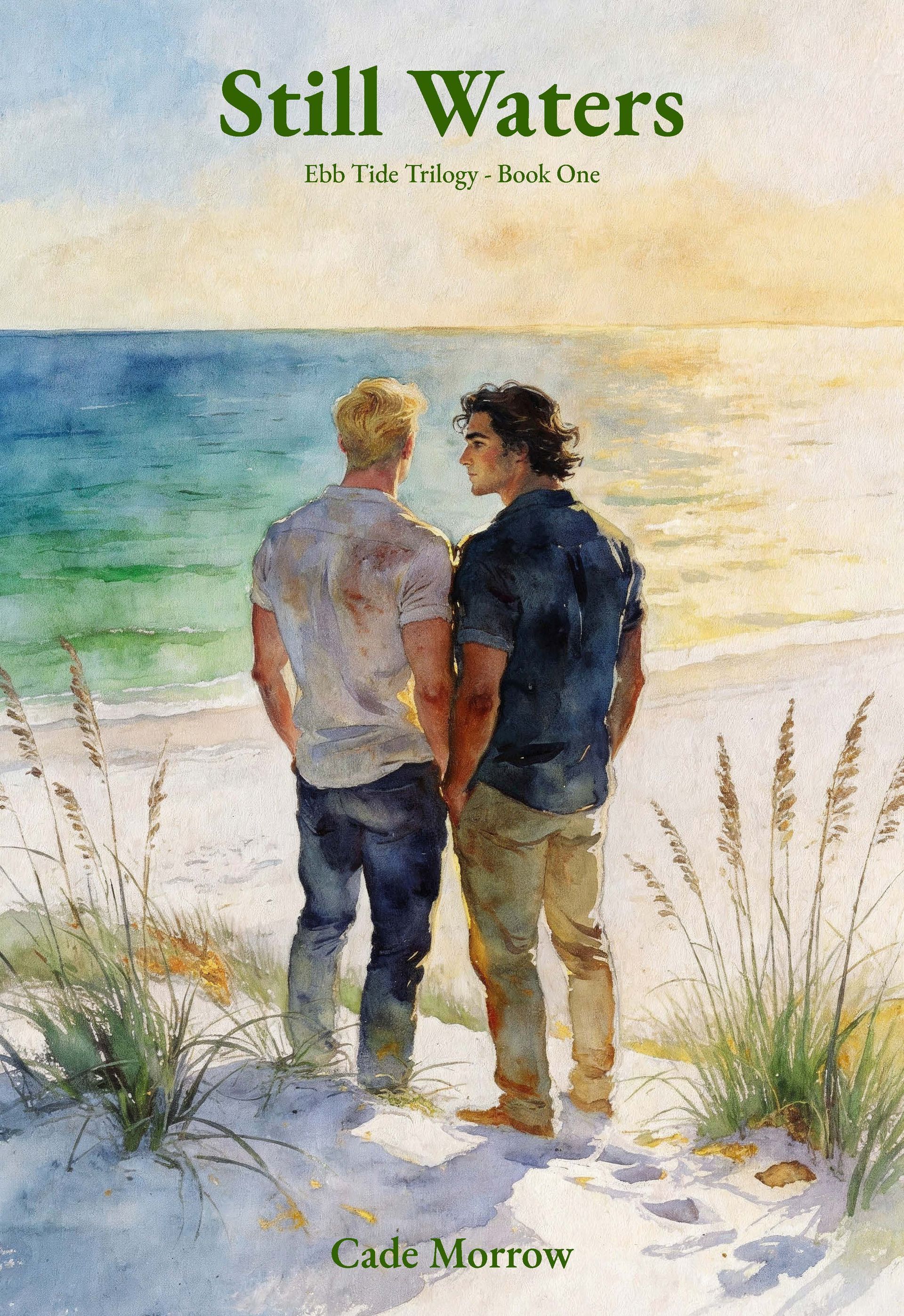 Two people standing on a beach facing the ocean at sunset, 